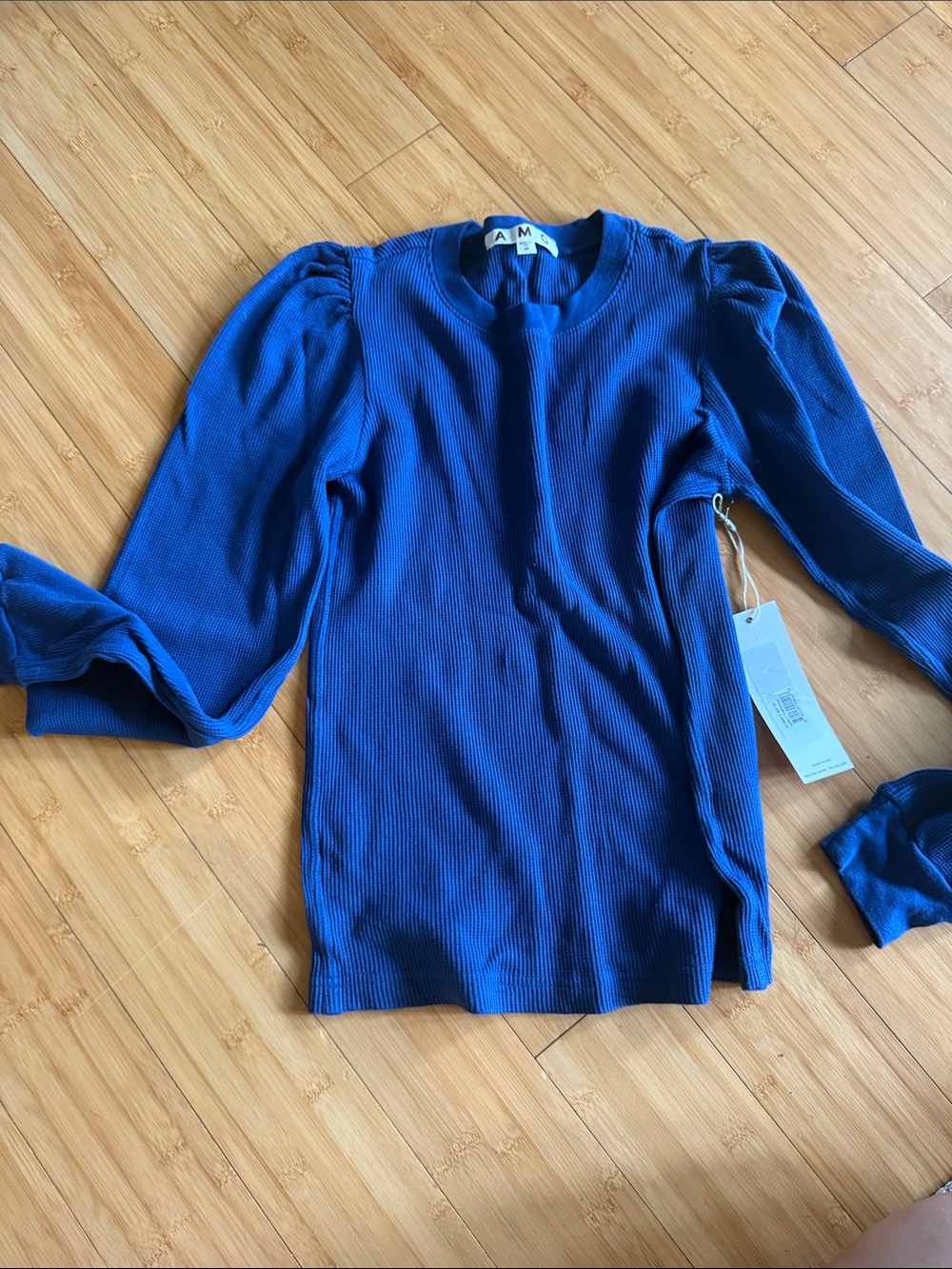 AMO Royal Blue Ribbed Puff Sleeve Sweater Top